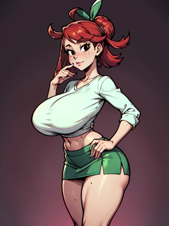 pokemonskyla, FostersStyle, red hair, green skirt, too short miniskirt,slutty outfit, seductive, abstract background, looking at viewer, slutty , , slutty pose, lewd, seductive expression, white shirt, standing, black eyes, sfw, big tits, looking at viewer, midriff