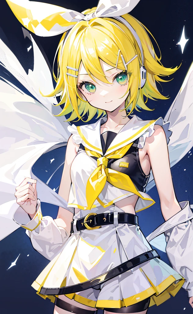 top-quality、super precision、Onegirl、(kagamine_Rin)、Green eyes、Cute s、Shorthair、White hair ribbon、hair clips、headphones、a blond、a sailor suit、Black shorts、a belt、Yellow neckerchief、Sleeveless、ssmile、High school students、Older sister、white backgrounid big breast