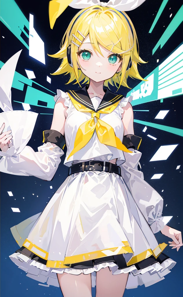top-quality、super precision、Onegirl、(kagamine_Rin)、Green eyes、Cute s、Shorthair、White hair ribbon、hair clips、headphones、a blond、a sailor suit、Black shorts、a belt、Yellow neckerchief、Sleeveless、ssmile、High school students、Older sister、white backgrounid big breast
