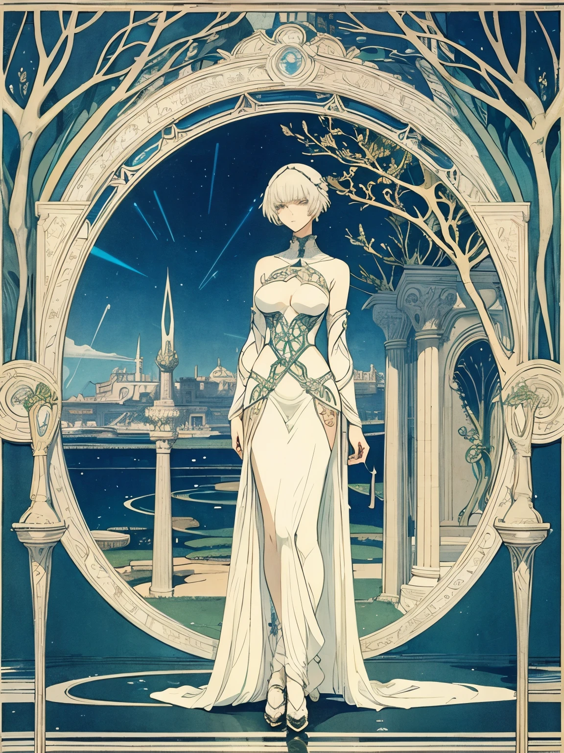 Kay Nielsen, Walter Crane, Surreal, mysterious, strange, fantastical, fantasy, Sci-fi, Japanese anime, path of light, optical lenses, mirrors, lasers, Roman ruins, lady In dress, perfect voluminous body, detailed masterpiece
