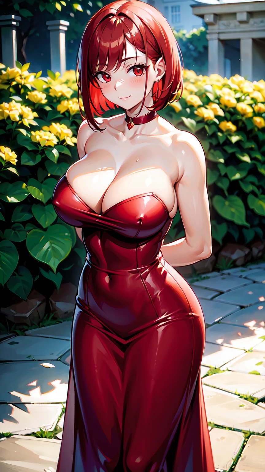 Masterpiece, stunning realistic, best quality, Sharpness, 1 girl,big breasts,red hair,straight hair,bobcut,red eyes,standing in a beatiful garden with an sea,big ,blush in face,red face, cute smile,closed mouth,arms behind back,elegant dress