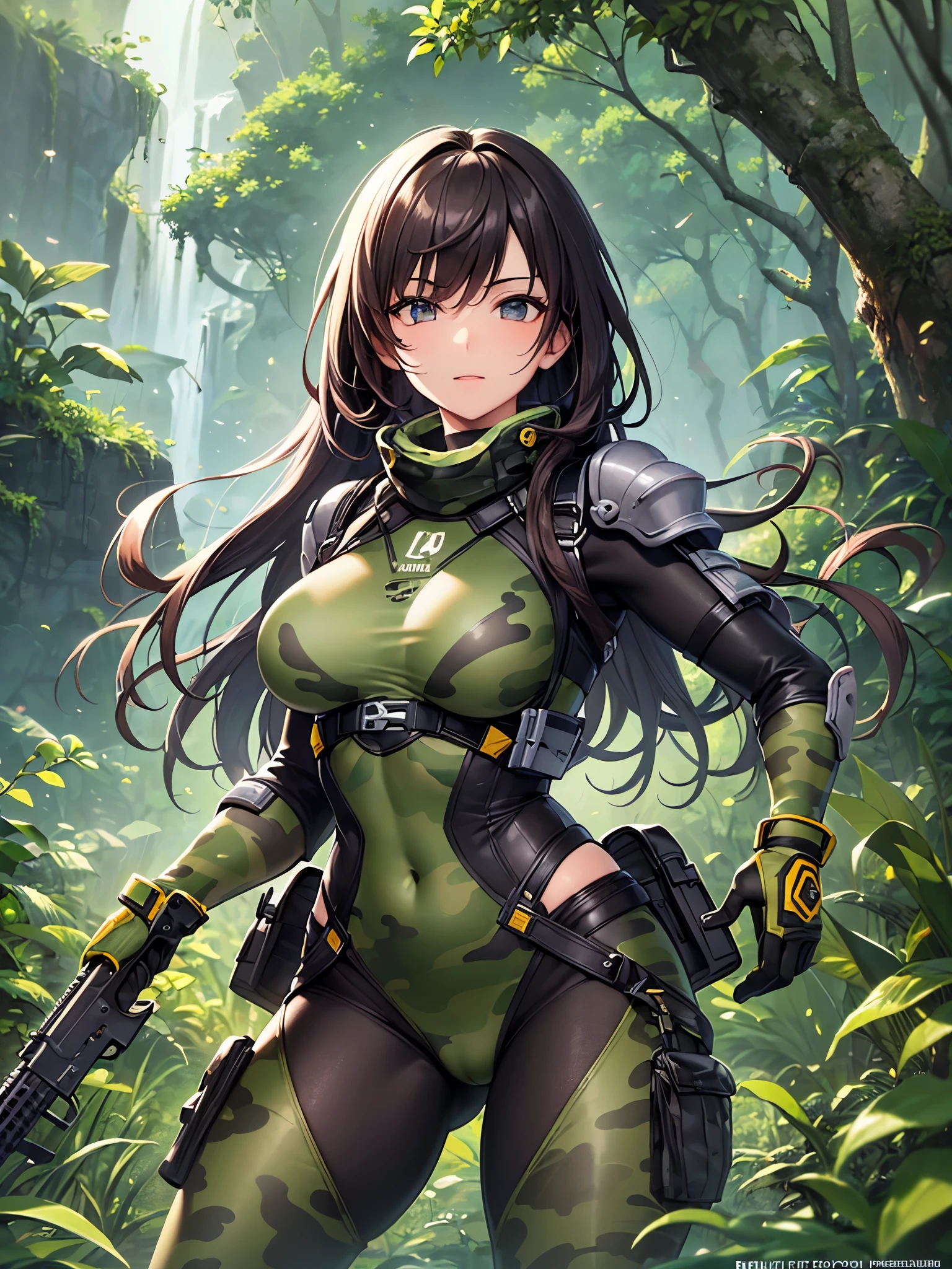 ((highest quality)),(ultra high resolution),(Super detailed),(detailed description),((best CG)),(best work of art),super precision art,great drawing art,(Art with precise details:1.5), (one female commando:1.5),beautiful and well-shaped face:1.5,(camouflage combat suit:1.4),(protector:1.6), In combat:1.6,dynamic pose:1.6,(jungle:1.6)