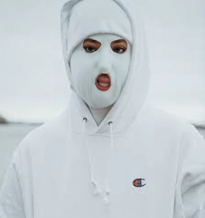 a close up of a person wearing a white hood and a Masque blanc, masque de ski, visage blanc, masque de skis, le maigre, Masque blanc, visage couvert, porter un sweat à capuche, porter un survêtement, porter un sweat à capuche, un humain tout blanc, froid comme la glace! 🧊, cagoule, pale visage blanc, tendance sur r/vêtement de rue
