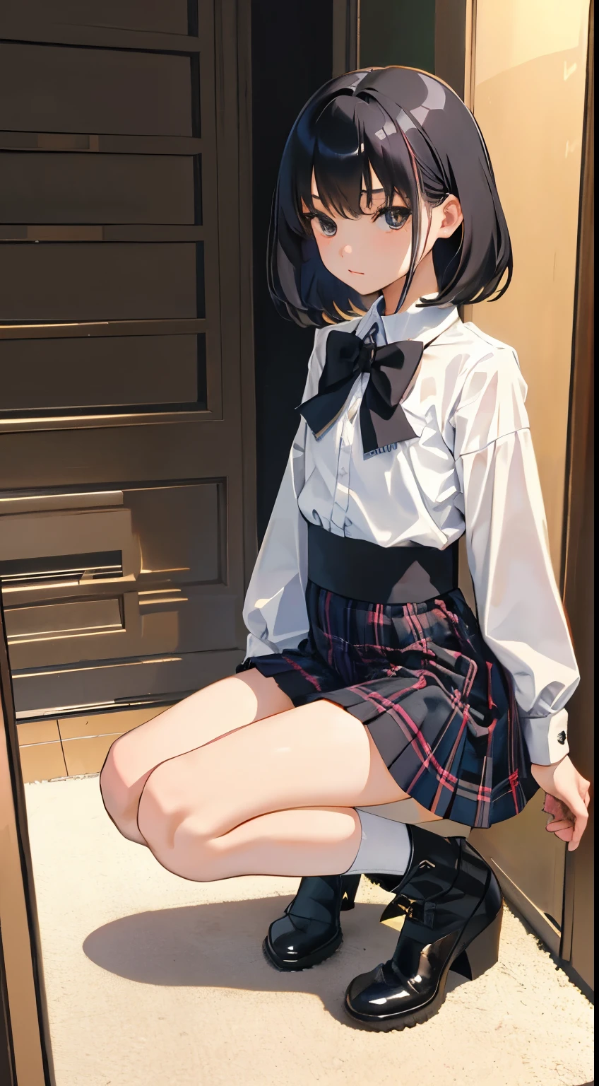 (((NSFW)))、(masterpiece, Highest quality、Super detailed, Highest detail)、Tabletop、girl、high school girl、Black Hair、Short Hair、Slit eyes、Red Eyes、eight-headed body、Model-like style、Slender、School uniforms、(White Shirt、Black Skirt、Black knee-high socks、Black Loafers)、Silver earringultiple silver accessories、Silver Ring、Silver Ring、Band Gal、Electric guitar