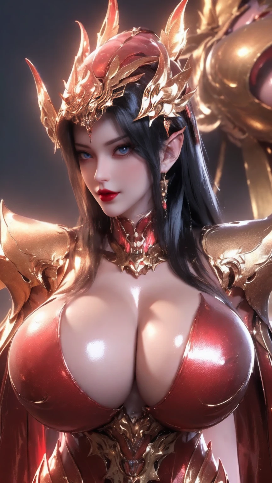 ((NSFW CONTENT:1.8)), ((CLOSE UP UPPER BODY:1.3)),1GIRL,SOLO, ((BEAUTY BLACK HAIR,GOLD PHOENIX HELM:1.1)), (((HUGE FAKE BREASTS,MUSCLE ABS,BIG BUTTOCKS:1.6))), ((CLEAVAGE:1.8)), ((RED SHINY FUTURISTIC MECHA SEXY NSFW ARMOR:1.6)), (((MUSCULAR BODY SHAPE,SHINY SKIN:1.5))), (LOOKING AT VIEWER:1.6), (FEMALE FOCUS:0.8), (HALLROOM OF FUTURISTIC SPACE STATION:1), (BRIGHT LIGHT WHITE_ROOM:1.3), HYPER TEXTURE, (4X MSAA), ((UNREAL ENGINE 5 RENDER)), PHYSICALLY-BASED RENDERING, ULTRA HIGHT DEFINITION, 16K, 1080P.