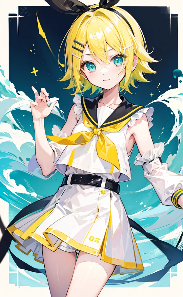 top-quality、super precision、Onegirl、(kagamine_Rin)、Green eyes、Cute s、Shorthair、White hair ribbon、hair clips、headphones、a blond、a sailor suit、Black shorts、a belt、Yellow neckerchief、Sleeveless、ssmile、High school students、Older sister、white backgrounid big breast 肚脐暴露