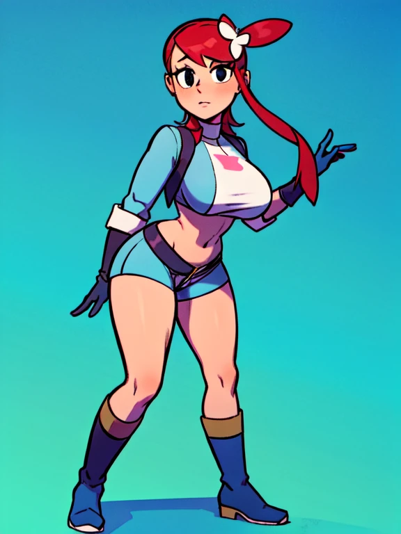 FostersStyle, red hair,slutty outfit, seductive, abstract background, looking at viewer, slutty , , slutty pose, lewd, seductive expression, standing, black eyes, sfw, big tits, looking at viewer, midriff, pokemonskyla, blue eyes, hair ornament, one side up, red hair, short hair with long locks, sidelocks, blue footwear, blue gloves, blue jacket, blue shorts, boots, crop top, cropped jacket, gloves, jacket, midriff, navel, short shorts, shorts, thigh pouch