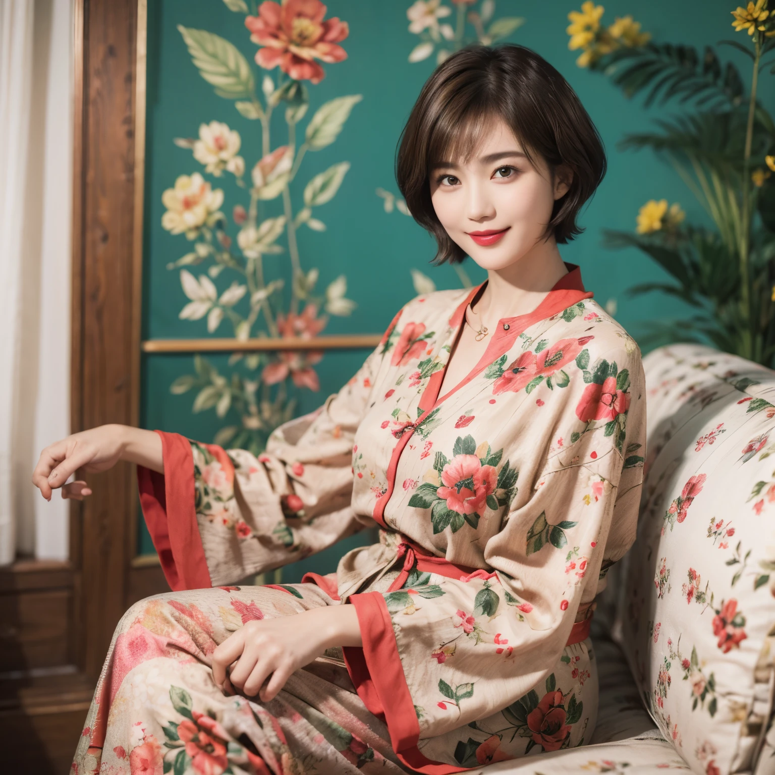 149
(20 year old woman,floral print outfit,pants), (Super realistic), (high resolution), ((beautiful hairstyle 46)), ((short hair:1.46)), (gentle smile), (brest:1.1), (lipstick)
