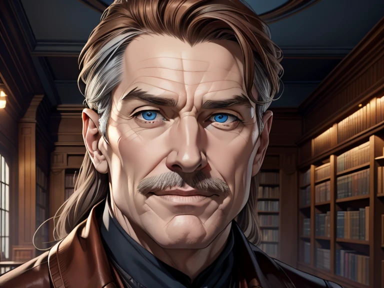 masterpiece, best quality, realistic, 1man, mature male, quiet and charming man, 60 year old, a smirk, closed mouth, pale skin, portrait, extremely detailed face, cold and smirk, thin face , ((blue eyes)), ((chestnut brown hair with gray streaks)), [thick eyebrows], dark palace, ((Scholar)), dim light, evil, Library background