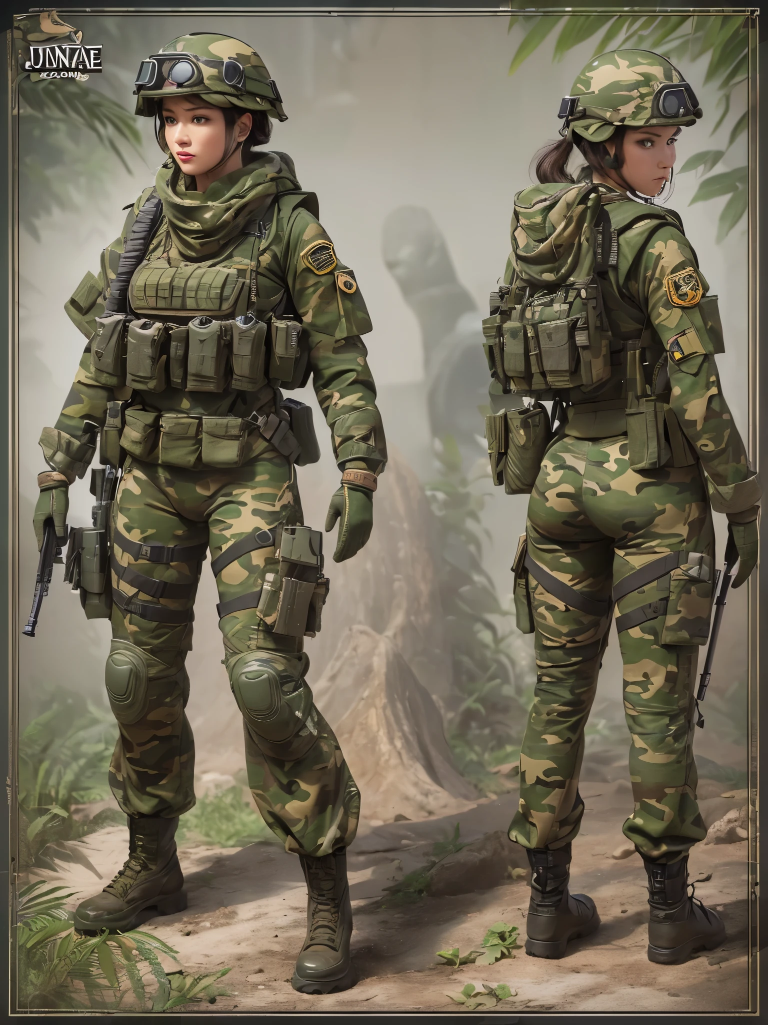 ((highest quality)),(ultra high resolution),(Super detailed),(detailed description),((best CG)),(best work of art),super precision art,great drawing art,(Art with precise details:1.5), (one female commando:1.5),beautiful and well-shaped face:1.5,(camouflage combat suit:1.4),(protector:1.6), In combat:1.6,dynamic pose:1.6,(jungle:1.6)
