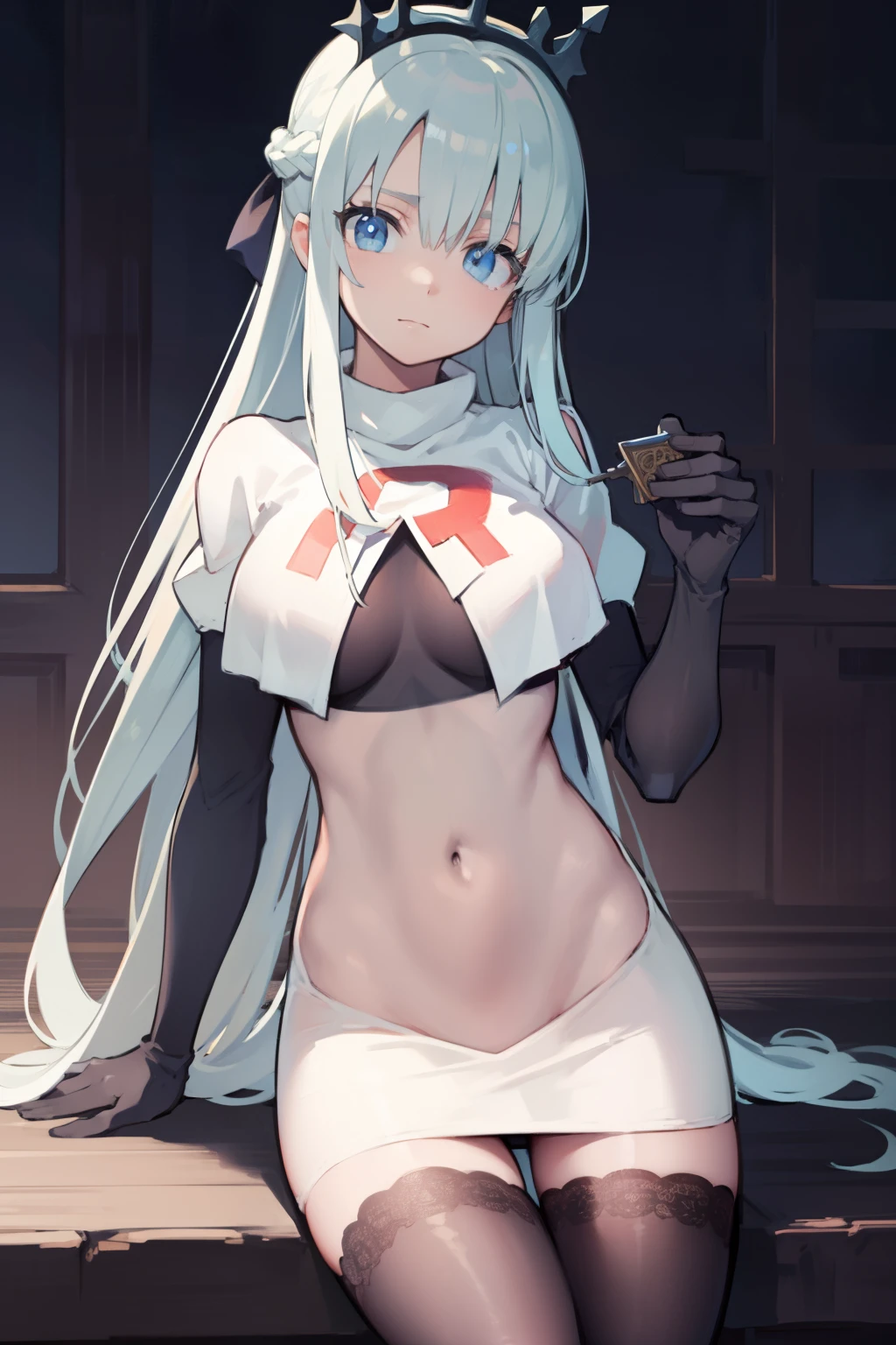 morganlefay, morgan le fay, black bow, bow, light blue hair, blue eyes, hair bow, hair ornament, long hair, ribbon,
BREAK braid, crown, navel, team rocket,team rocket uniform,white skirt,red letter R,crop top,black thigh-highs,black elbow gloves
BREAK looking at viewer,
BREAK (masterpiece:1.2), best quality, high resolution, unity 8k wallpaper, (illustration:0.8), (beautiful detailed eyes:1.6), extremely detailed face, perfect lighting, extremely detailed CG, (perfect hands, perfect anatomy),