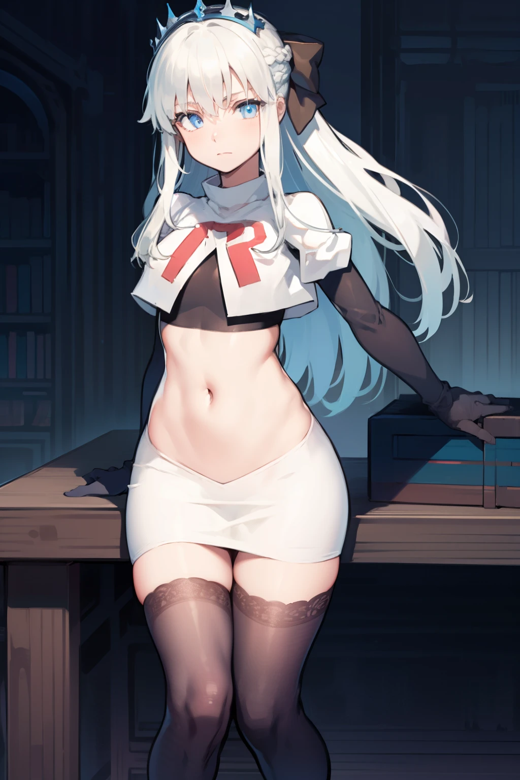 morganlefay, morgan le fay, black bow, bow, light blue hair, blue eyes, hair bow, hair ornament, long hair, ribbon,
BREAK braid, crown, navel, team rocket,team rocket uniform,white skirt,red letter R,crop top,black thigh-highs,black elbow gloves
BREAK looking at viewer, 
BREAK (masterpiece:1.2), best quality, high resolution, unity 8k wallpaper, (illustration:0.8), (beautiful detailed eyes:1.6), extremely detailed face, perfect lighting, extremely detailed CG, (perfect hands, perfect anatomy),