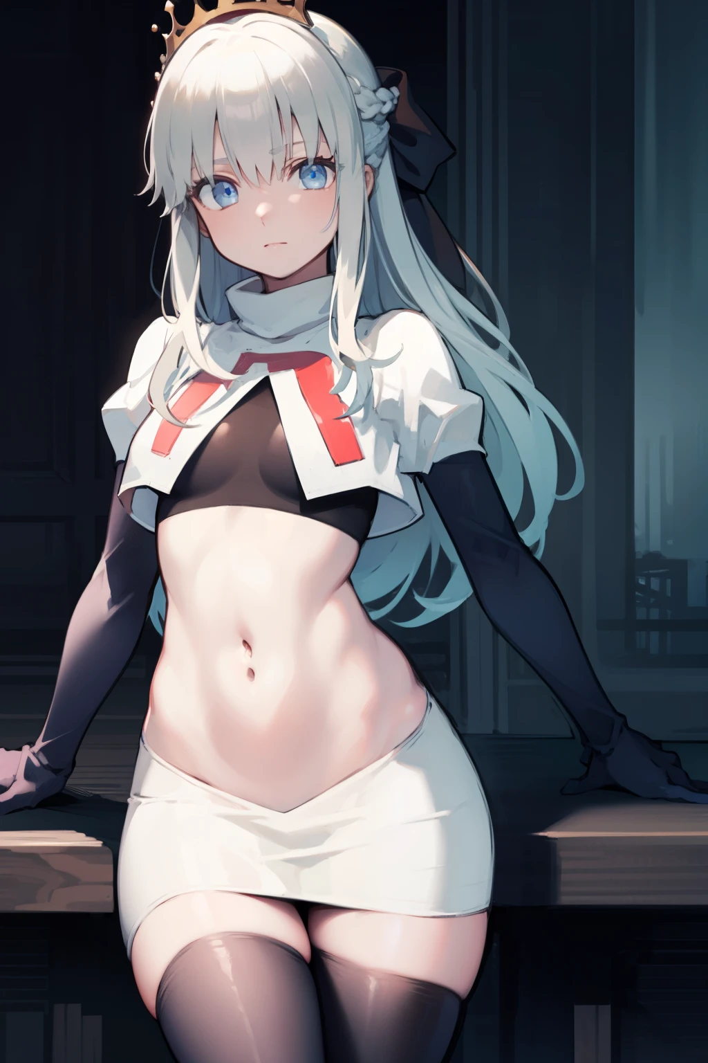 morganlefay, morgan le fay, black bow, bow, light blue hair, blue eyes, hair bow, hair ornament, long hair, ribbon,
BREAK braid, crown, navel, team rocket,team rocket uniform,white skirt,red letter R,crop top,black thigh-highs,black elbow gloves
BREAK looking at viewer,
BREAK (masterpiece:1.2), best quality, high resolution, unity 8k wallpaper, (illustration:0.8), (beautiful detailed eyes:1.6), extremely detailed face, perfect lighting, extremely detailed CG, (perfect hands, perfect anatomy),