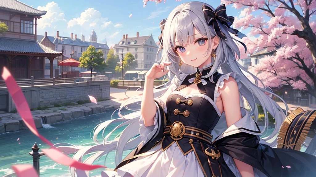 super high quality, with a girl, 20-year-old, very short hair, long bangs between the eyes, gray eyes , blue sky, sunlight, very detailed,(masterpiece、highest quality)、alone、gray hair、laughter、fantasy, silver hair, black eye, beautiful eyes,, ecstasy, charm, be smitten with audience, fantasyな風景、Princess、white clothes、cherry blossoms、have