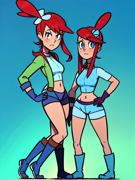 FostersStyle, red hair, pokemonskyla, blue eyes, hair ornament, one side up, red hair, short hair with long locks, sidelocks, blue footwear, blue gloves, blue jacket, blue shorts, boots, crop top, cropped jacket, gloves, jacket, midriff, navel, short shorts, shorts, thigh pouch