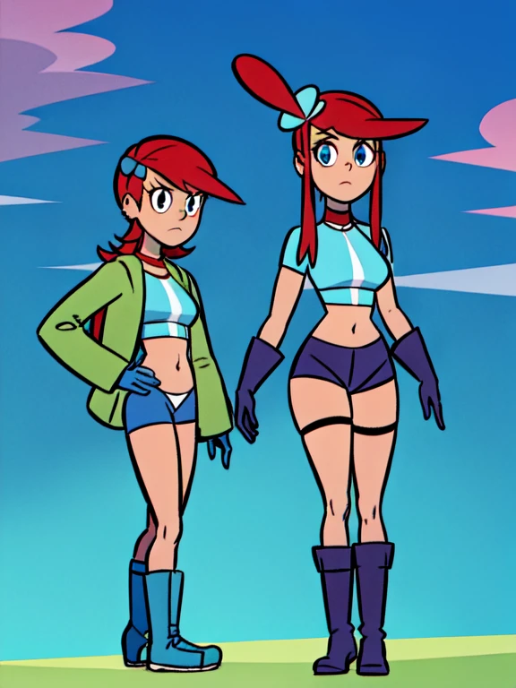 FostersStyle, red hair, pokemonskyla, blue eyes, hair ornament, one side up, red hair, short hair with long locks, sidelocks, blue footwear, blue gloves, blue jacket, blue shorts, boots, crop top, cropped jacket, gloves, jacket, midriff, navel, short shorts, shorts, thigh pouch