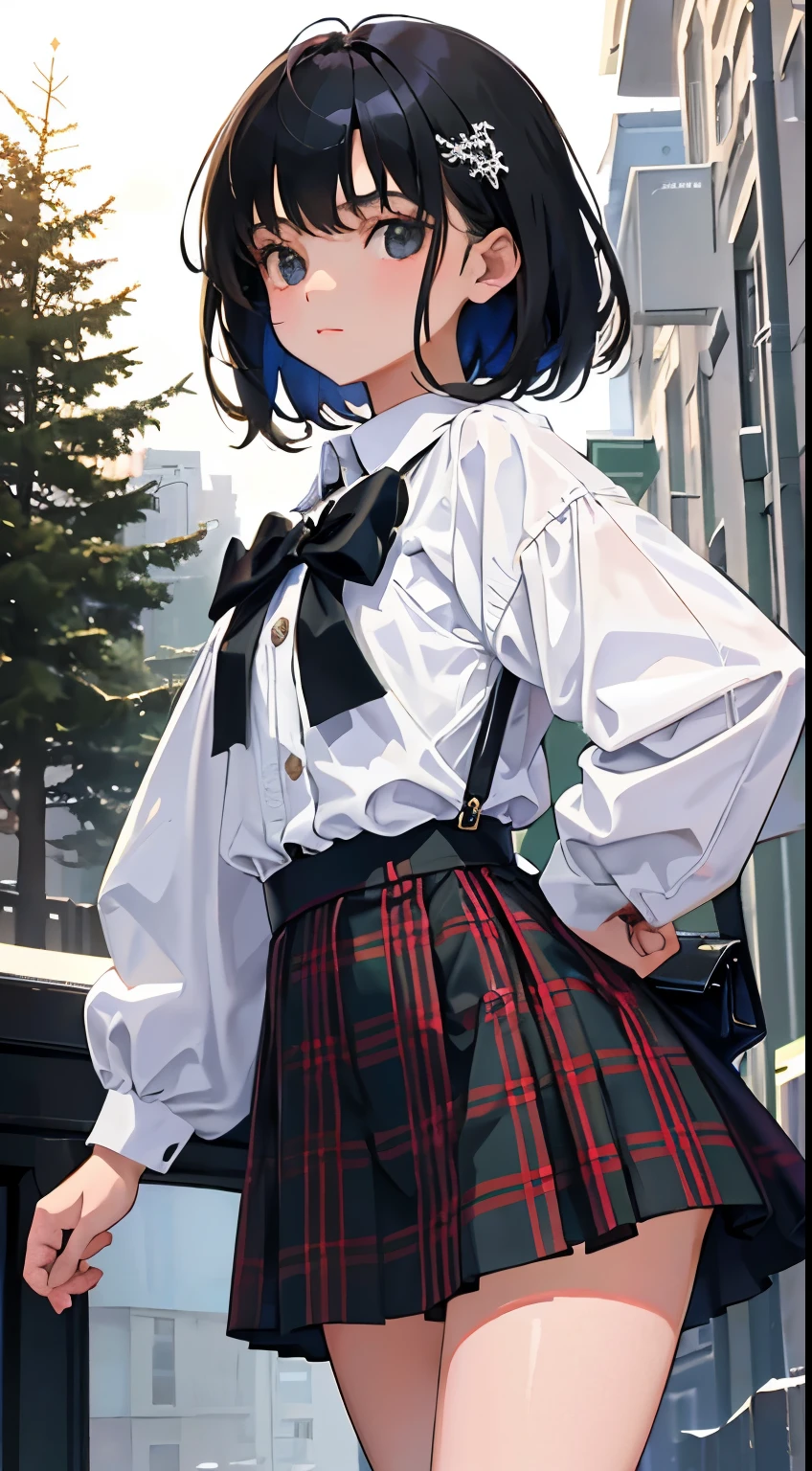 (short cute girl,small young student,young delicate girl),(masterpiece,Top quality),squat,pastel plaid skirt,long black hair