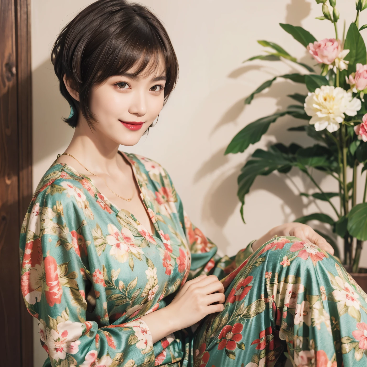 149
(20 year old woman,floral print outfit,pants), (Super realistic), (high resolution), ((beautiful hairstyle 46)), ((short hair:1.46)), (gentle smile), (brest:1.1), (lipstick)
