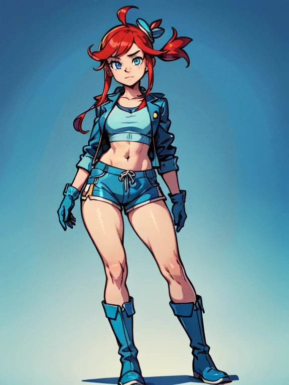 FostersStyle, pokemonskyla, blue eyes, hair ornament, one side up, red hair, short hair with long locks, sidelocks, blue footwear, blue gloves, blue jacket, blue shorts, boots, crop top, cropped jacket, gloves, jacket, midriff, navel, short shorts, shorts, thigh pouch