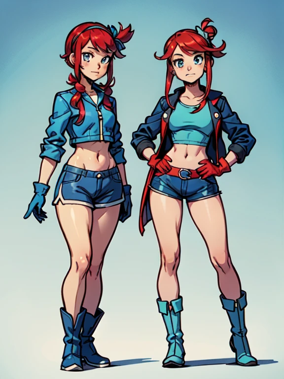 FostersStyle, pokemonskyla, blue eyes, hair ornament, one side up, red hair, short hair with long locks, sidelocks, blue footwear, blue gloves, blue jacket, blue shorts, boots, crop top, cropped jacket, gloves, jacket, midriff, navel, short shorts, shorts, thigh pouch