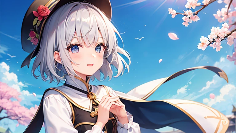 super high quality, with a girl, 20-year-old, very short hair, long bangs between the eyes, gray eyes , blue sky, sunlight, very detailed,(masterpiece、highest quality)、alone、gray hair、laughter、fantasy, silver hair, black eye, beautiful eyes,, ecstasy, charm, be smitten with audience, fantasyな風景、Princess、white clothes、cherry blossoms、hat