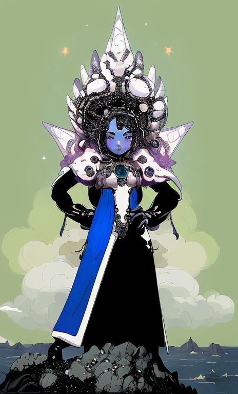 titere tela, princess intergalactica, cosmic bjork, Reina de la Galaxia, celestialpunk, Emperatriz cyborg futurista simple, « Femme on a galactic shore, Su cabeza cubierta de joyas, kosice, alien princess, inspirado en Kay Nielsen, cypherpunk fashion illustration
