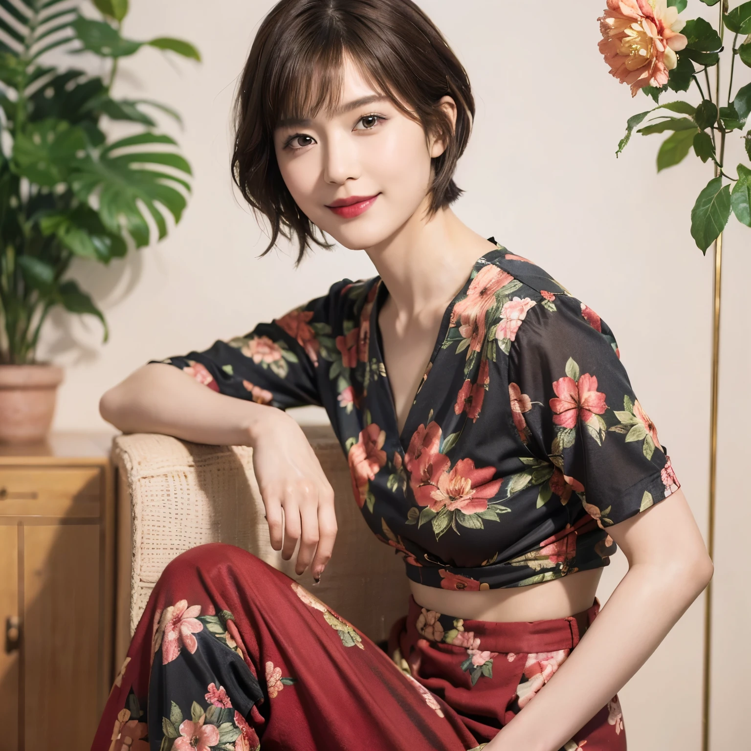 149
(20 year old woman,floral print outfit,pants), (Super realistic), (high resolution), ((beautiful hairstyle 46)), ((short hair:1.46)), (gentle smile), (brest:1.1), (lipstick)
