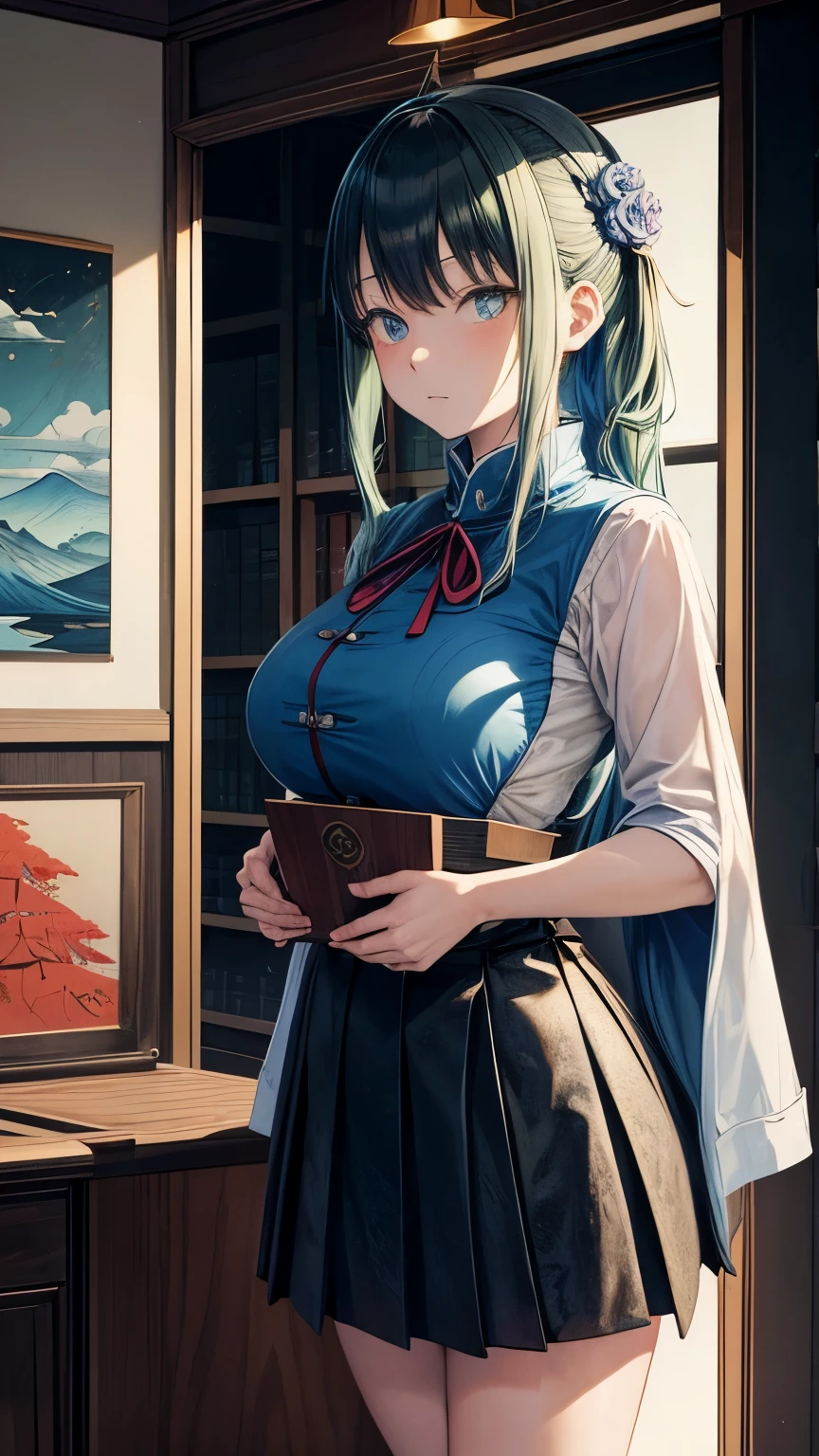 Hiroshige, Gertrude Abercrombie, Multicolored woodblock print, surreal, mysterious, bizarre, fantastical, anime, Library of Babel under construction, heavy construction equipment, beautiful high school girl in miniskirt, perfect voluminous body, detailed masterpiece