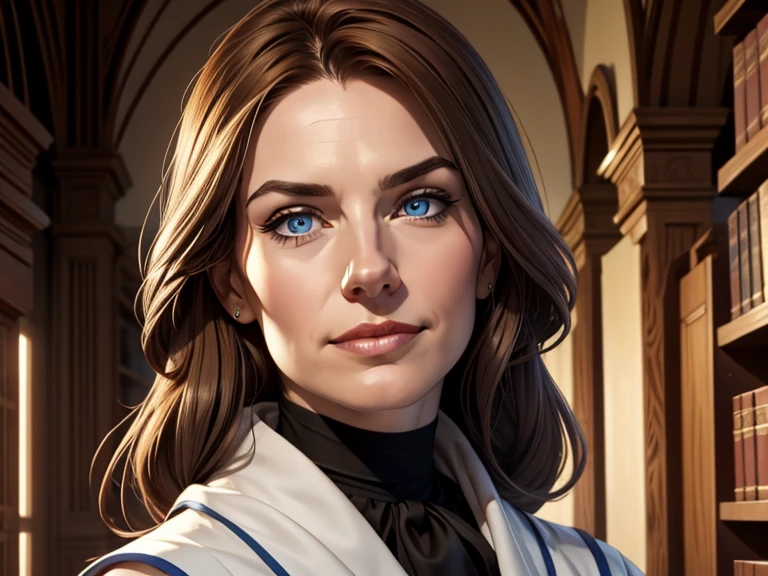 masterpiece, best quality, realistic, 1man, mature male, quiet and charming man, 60 year old, a smirk, closed mouth, pale skin, portrait, extremely detailed face, cold and smirk, thin face , ((blue eyes)), ((chestnut brown hair with gray streaks)), [thick eyebrows], dark palace, ((Scholar)), dim light, evil, Library background