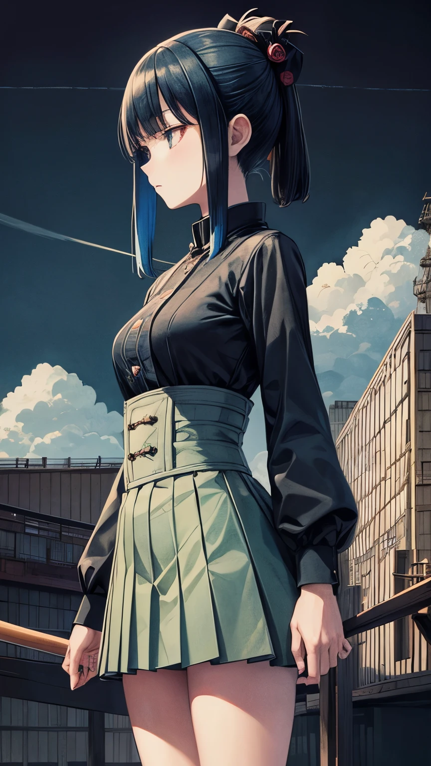 Hiroshige, Gertrude Abercrombie, Multicolored woodblock print, surreal, mysterious, bizarre, fantastical, anime, Library of Babel under construction, heavy construction equipment, beautiful high school girl in miniskirt, perfect voluminous body, detailed masterpiece
