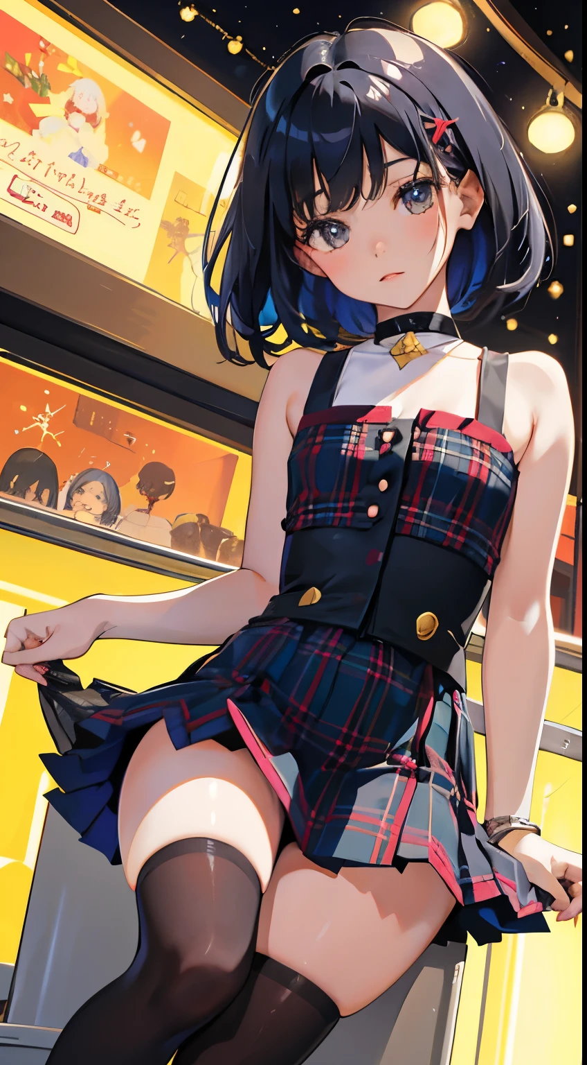 Christmas,(short cute girl,small young student,young delicate girl),(masterpiece,Top quality),plaid mini skirt,black hair