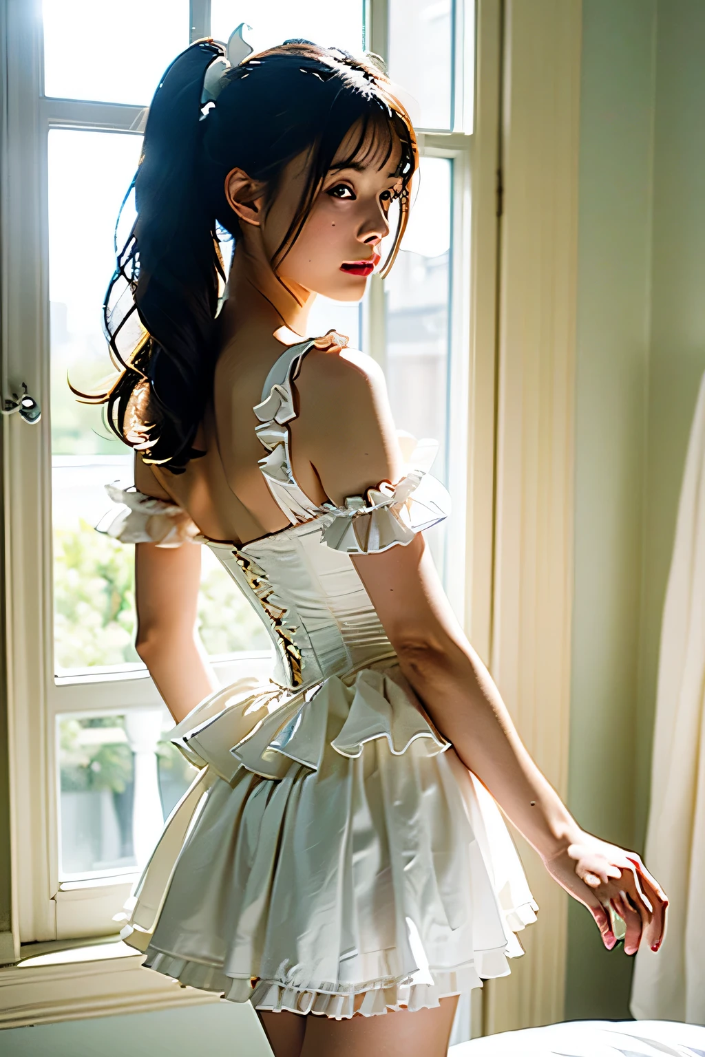 ((table top)),(((highest quality))),((超become familiar withな)),((((realistic)))),((messy hair)),((frills)),(one woman),(alone), (I focus),lipstick,dynamic angle,Big sleeves,floating,美しいbecome familiar with空,Water with beautiful details,beautiful and delicate eyes,exposed,(fist),Expressionless,Side Brand Van,Rabbit between the eyes,ribbon,A bow tie,button,bare shoulders,(((small breasts))),become familiar with,Blanc Stare,pleated skirt,flowers、((White corset))、(white stockings), (white arm cover), (((By the window in a dimly lit luxury hotel bedroom)))、(((Try it yourself Skirt lift)))、((View from behind))