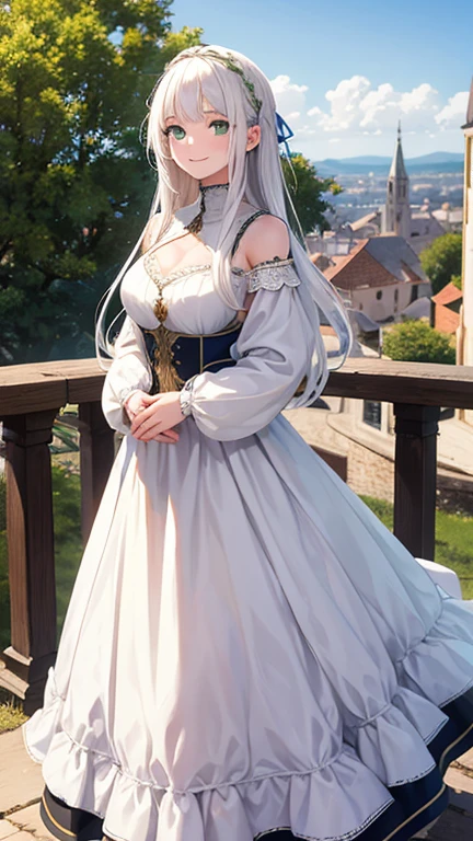 Beautiful 20 yo girl with white hair and green eyes in the europe medieval town use medieval long dress cloth potrait with sweet smile face