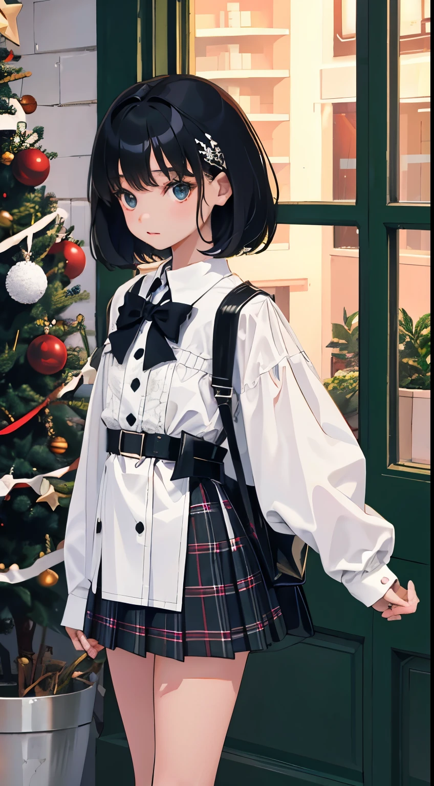 Christmas，(short cute girl，small young student，young delicate girl）,（masterpiece，Top quality)，plaid mini skirt，black hair