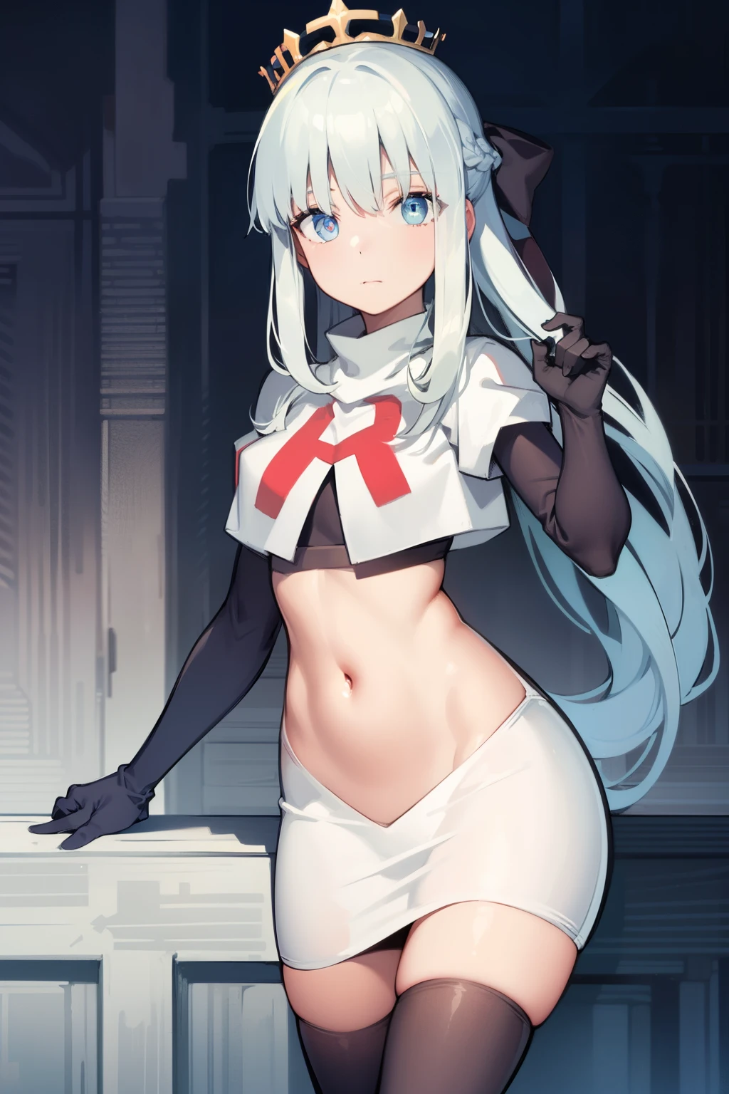 morganlefay, morgan le fay, black bow, bow, light blue hair, blue eyes, hair bow, hair ornament, long hair, ribbon,
BREAK braid, crown, navel, team rocket,team rocket uniform,white skirt,red letter R,crop top,black thigh-highs,black elbow gloves
BREAK looking at viewer, 
BREAK (masterpiece:1.2), best quality, high resolution, unity 8k wallpaper, (illustration:0.8), (beautiful detailed eyes:1.6), extremely detailed face, perfect lighting, extremely detailed CG, (perfect hands, perfect anatomy),