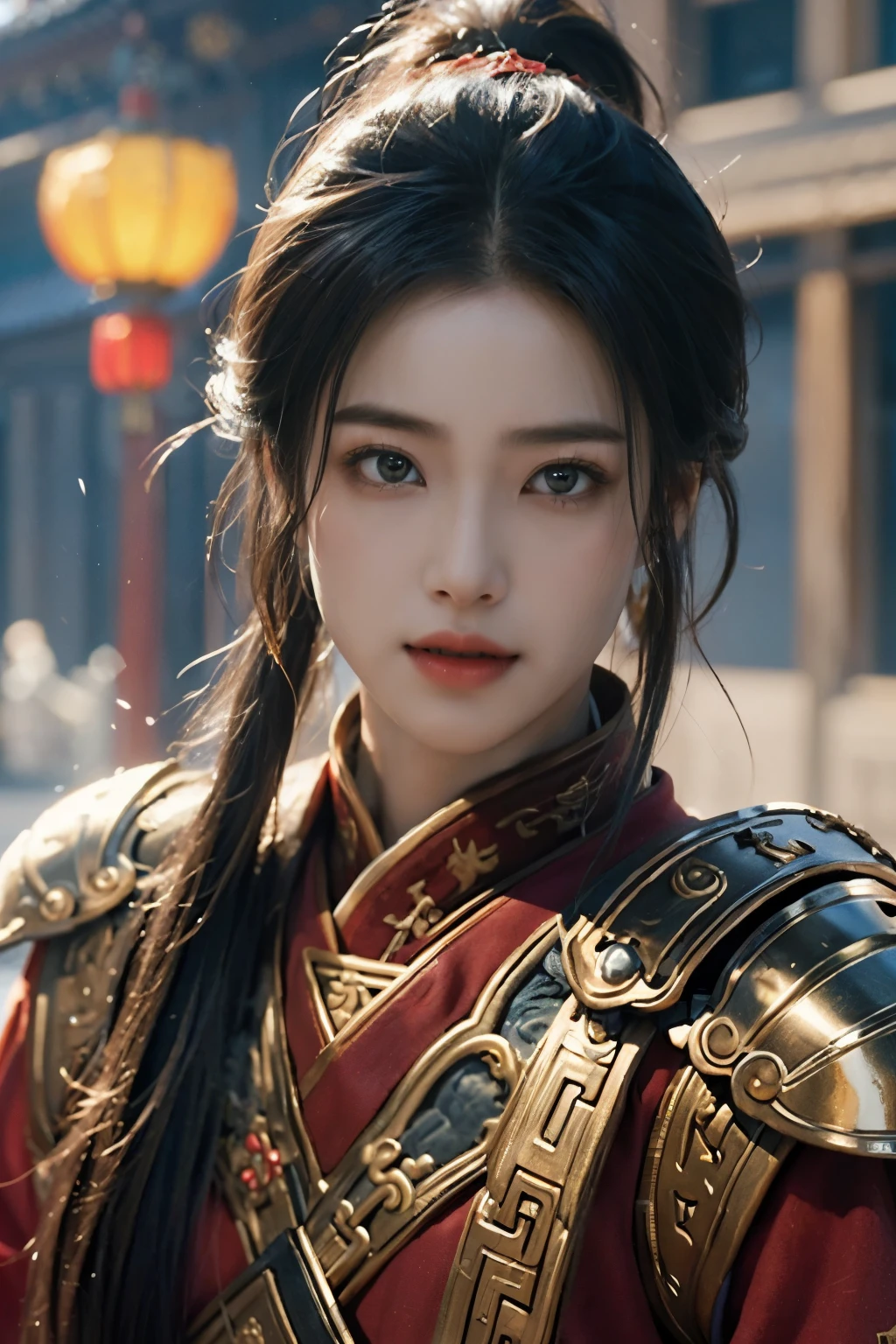 Game art，The best picture quality，Highest resolution，8K，(A bust photograph)，(Portrait from bust:1.5)，(Head close-up)，(Rule of thirds)，Unreal Engine 5 rendering works， (The Girl of the Future)，(Female Warrior)， 
20岁少女，(The warrior in ancient China)，(Short ponytail hairstyle)，An eye rich in detail，(Big breasts)，优雅高贵，冷漠，(Smile)，
(The costume of Chinese swordsman elements，Costumes of ancient Chinese characters，Armor，The costume is red and gold，Heavy armour，Joint Armor)，(Chinese Hanfu:1.3)，人物，奇幻风格，
拍照姿势，野外背景，Movie lights，Ray tracing，Game CG，((3D Unreal Engine))，oc渲染反射纹