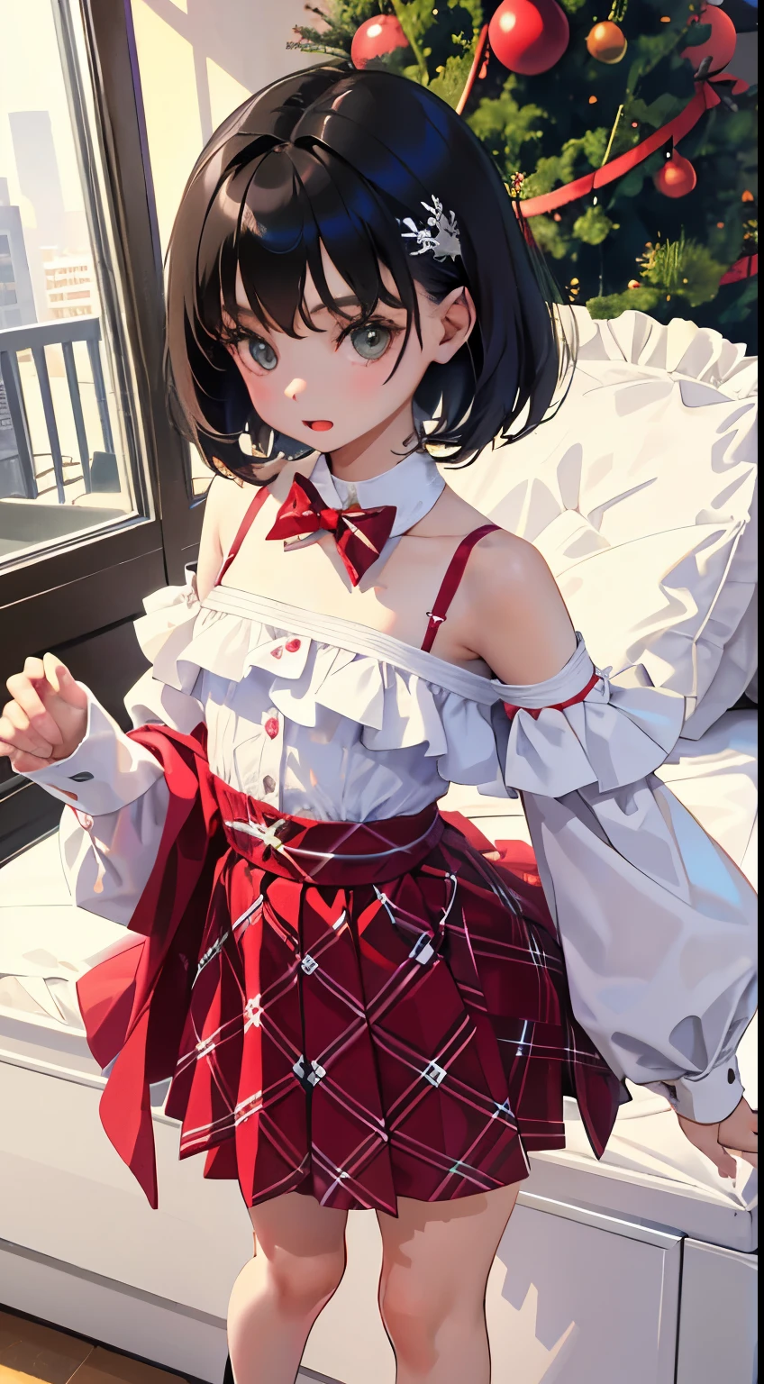 Christmas,(short cute girl,Little young girl,young delicate girl),(masterpiece,Top quality),plaid mini skirt,black hair