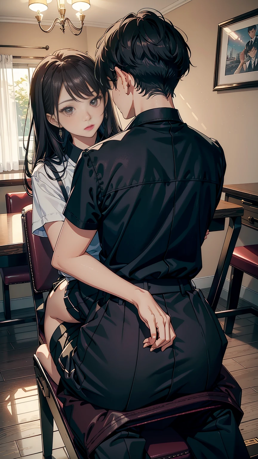 highest quality masterpiece male and female couple Girl sitting on a chair wearing a tight skirt over a blouse。Boys hugging each other from behind。Boy in high school long pants uniform with mash cut hairstyle。no glasses、revenge relationship