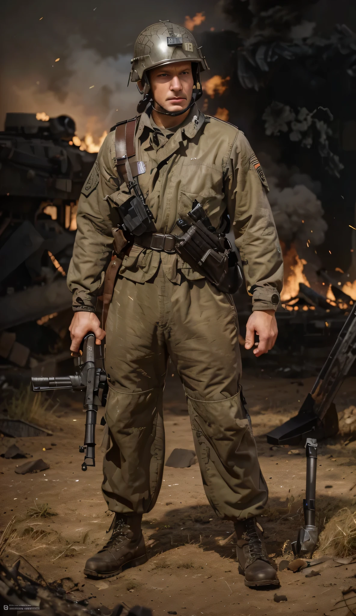 Soldado masculino, cara estereotipada alemana, serious expression, casco de metal gris, World War II German style., WWII German Style Gray Cloth Military Paratrooper Uniform, guantes de cuero negro, ammunition belt with holster, botas militares negras, sosteniendo un rifle, is on a battlefield, mucho fuego, explosiones y humo, ultra detallado, hyper Realista, 4k, ultra detallado image, Realista, Muy detallado, perfect composition, gorgeous, Intrincadamente detallado, incredibly detailed, 8 k artistic photography, hiper detallado, Obra magistral, ultra detallado, hyper Realista, 4k, ultra detallado image, Realista, muy detallado, perfect composition, gorgeous, Intrincadamente detallado, incredibly detailed, 8 k artistic photography, hiper detallado, obra maestra