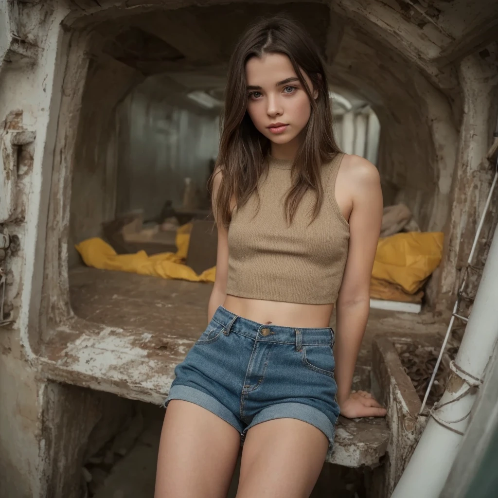 Young girl wearing a black crop top and gold short skirt.  She is inside a submarine.  professionally color graded, professional photography, well drawn, masterpiece, hyper realistic, ultra detailed, high quality, best quality, 4k, 8k, hi resolution, very young girl, young face, cute, beautiful, . photorealistic,  girl