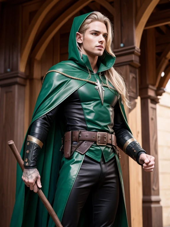 male elf, detailed elf ears, skinny, toned muscles, long braided blonde hair, green leather cape, green leather hood, black leather robe, full body view, vertical oak staff, 