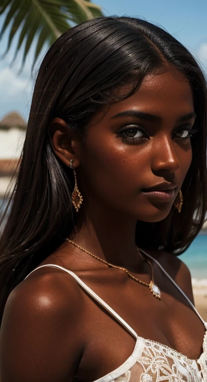 dark brown skin, pretty face, straight hair, natural, long hair, ((crystal brown eyes: 1.2)), detailed eyes, beautiful eyes, ((art, Ultra HD, 8k)), depth of field, street in bahia brazil , necklines, focus on the eyes, protruding breasts, specific skin, skin texture, sexy shoulders, golden tan, highly specific skin, long eyelashes, black mascara, perfect face ultra quality, best quality, high definition, beautiful woman, perfect, workmanship art, HD, perfect face, perfect woman, work of art, delicate, dark skin, mulatto, fine feminine features, beautiful thin nose, perfect, delicate mouth, dark eyes, beautiful detailed and realistic face, black hair, extremely beautiful Brazilian , with a red flower in her hair, dark skin, long straight hair blowing in the wind, with a red flower in her hair, a short and simple white dress that is a little transparent, standing on a street in Bahia, inspired by the drama (Gabriela cravo e canela) , northeastern Brazil, 1920s street, 1920s, in Bahia, Brazil, beautiful Brazilian mulatta, 1920s, Bahia