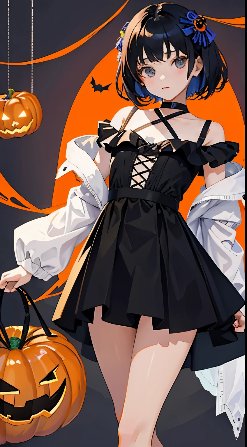 Halloween，(short cute girl， young studeg delicate girl）,（masterpiece，Top quality)，mini skirt，black hair