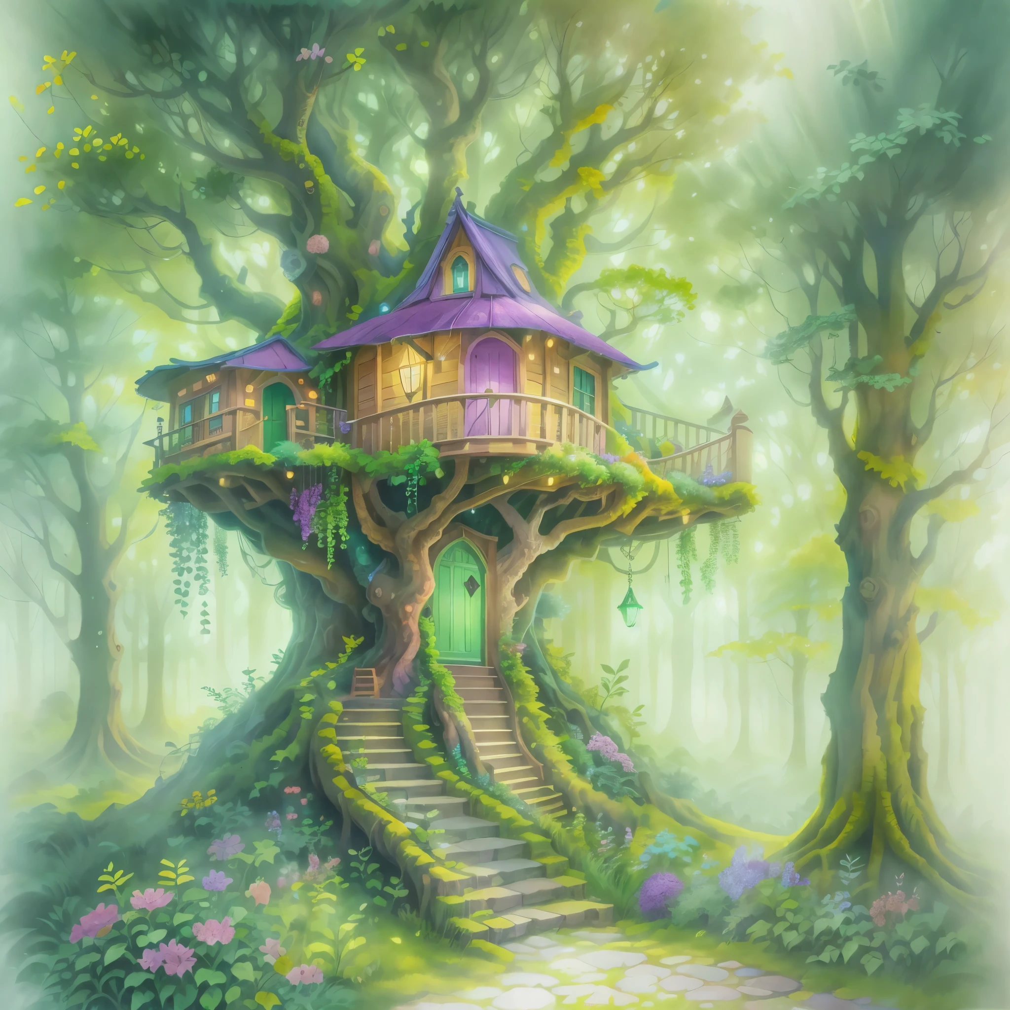 A dreamy fairy treehouse,natural,serene,softly connected trees in the courtyard,pink,purple,and emerald green flowers,light pouring in from the windows,rainbow-colored corridor,illustration,highres,ultra-detailed,realistic:1.37,watercolor painting,vivid colors,soft lighting