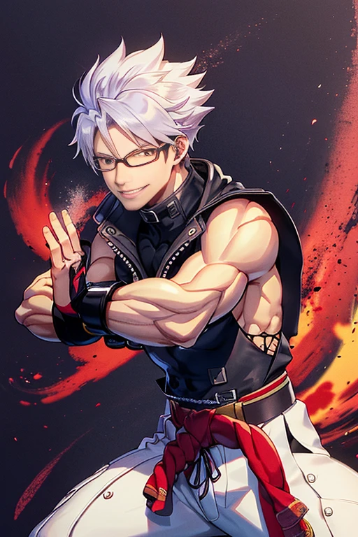 Two-dimensional, anime style, 1 man , solo, (male warrior), Chipp Zanuff, shinobi, slim body, correct proportions, face details, martial arts, white pants, sleeveless black jacket , , black tank top with turtleneck, black shoes, wearing sleeveless black gloves,wearing navy blue glasses, white spiky hairstyle, red eyes,light and shadow tracing, ray tracing, detail glow, CG rendering, hair details , lot of details, dojo environment, smiling joyfully, looking at the viewer, making his combat position, holding a long arm blade, full body