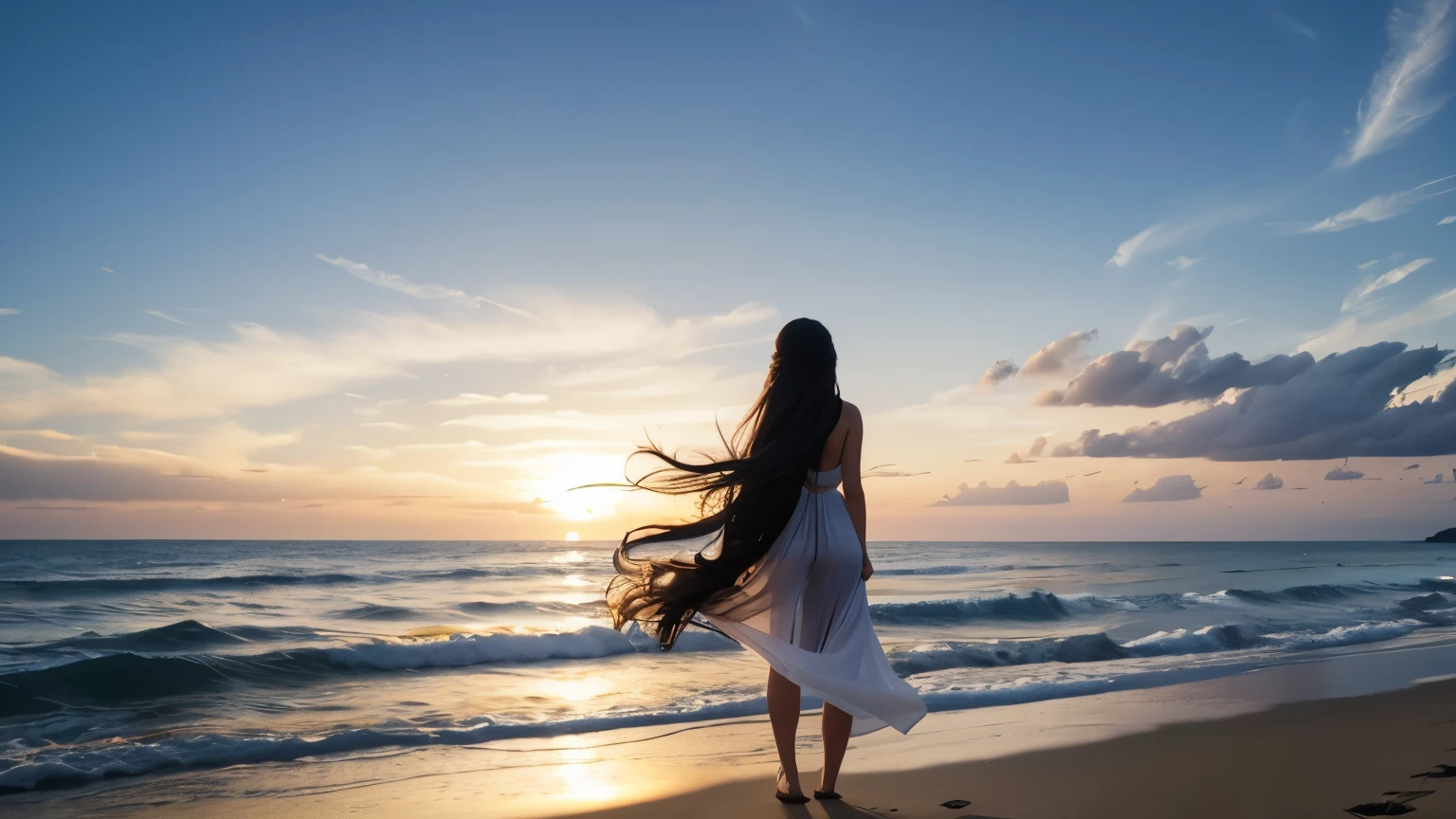 Rear view of a woman with long hair standing on the beach