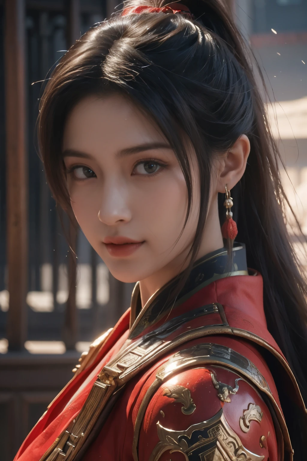 Game art，The best picture quality，Highest resolution，8K，(A bust photograph)，(Portrait from bust:1.5)，(Head close-up)，(Rule of thirds)，Unreal Engine 5 rendering works， (The Girl of the Future)，(Female Warrior)， 
20岁少女，(The warrior in ancient China)，(Short ponytail hairstyle)，An eye rich in detail，(Big breasts)，优雅高贵，冷漠，(Smile)，
(The costume of Chinese swordsman elements，Costumes of ancient Chinese characters，Armor，The costume is red and gold，Heavy armour，Joint Armor)，(Chinese Hanfu:1.3)，人物，奇幻风格，
拍照姿势，野外背景，Movie lights，Ray tracing，Game CG，((3D Unreal Engine))，oc渲染反射纹