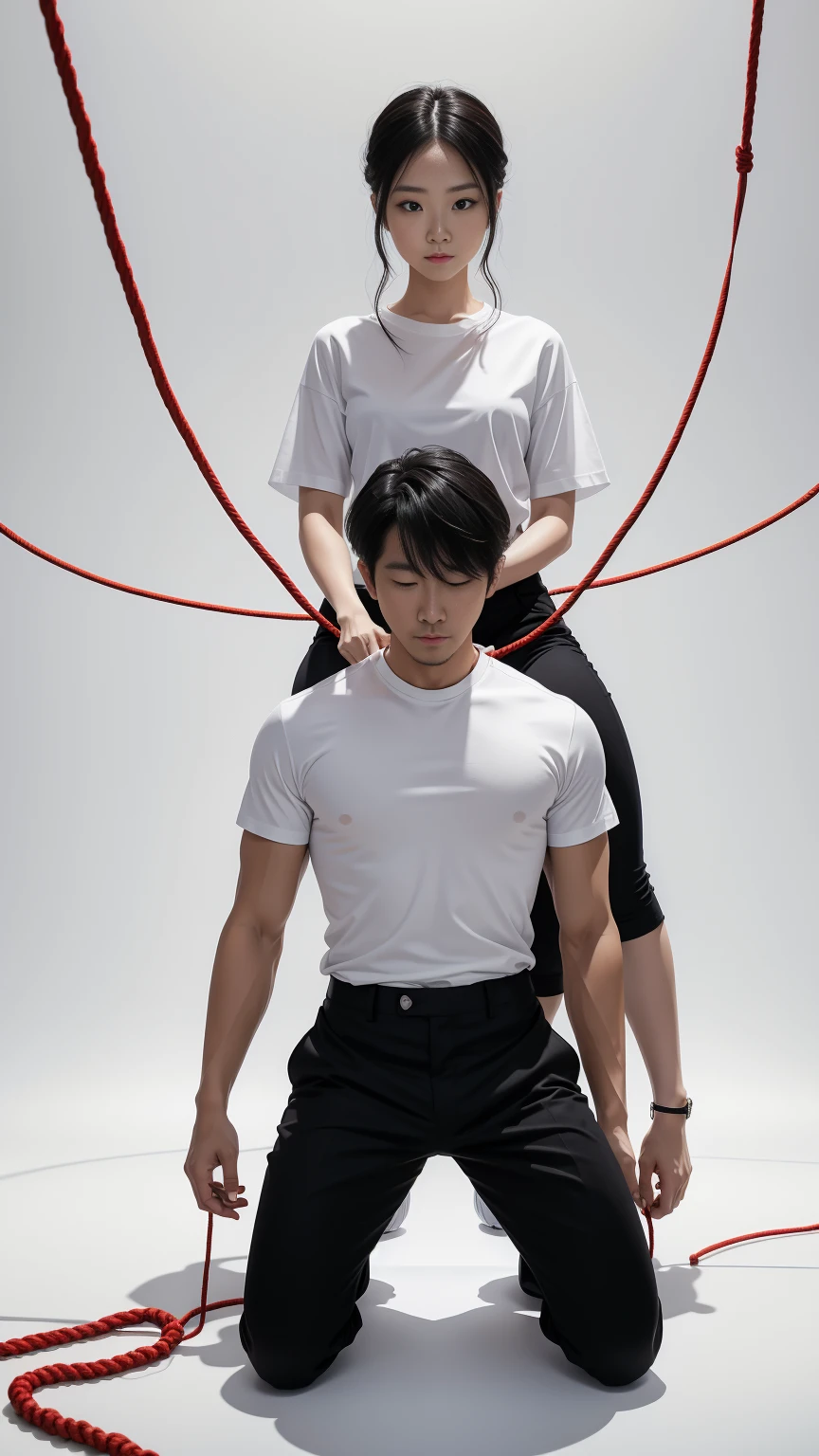 couple，kneel down，white shirt、black pants，透け感のあるwhite shirtワンピース，red hemp rope tangle，SM，white background，8K masterpiece