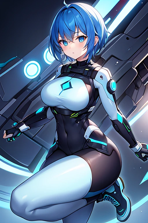 1girl, wide hips, large breasts, wide hips, blue hair, short hair, very short hair, blue eyes, bodysuit, black bodysuit, futuristic, machinery, science-fiction, tech, shoes, sneakers, neon trim, blue neon trim