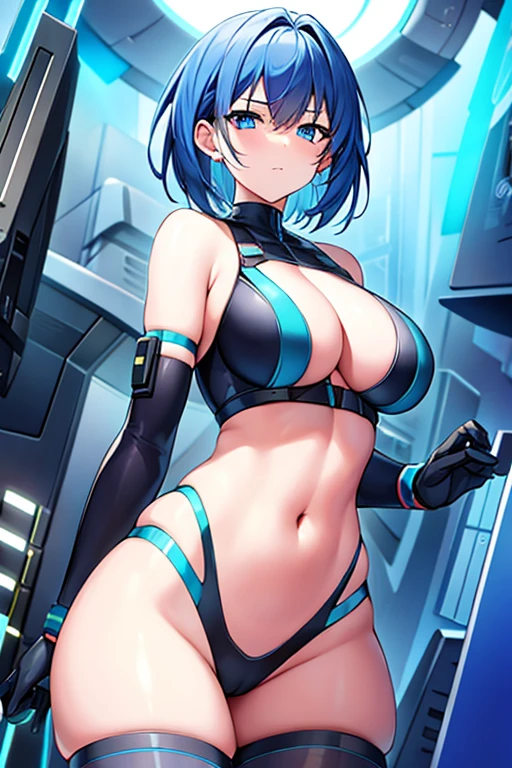 1girl, wide hips, large breasts, wide hips, blue hair, short hair, very short hair, blue eyes, bodysuit, black bodysuit, futuristic, machinery, science-fiction, tech, shoes, sneakers, neon trim, blue neon trim